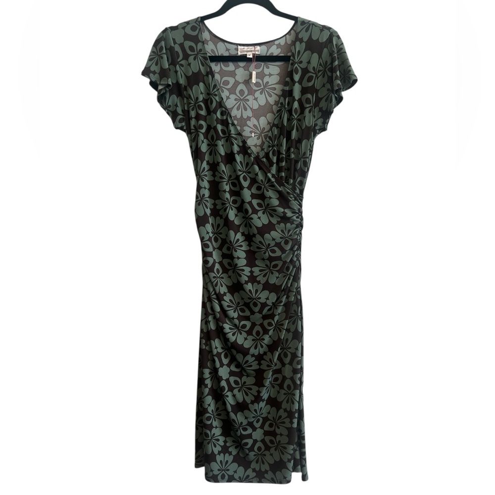 MSSP Green and Brown Flutter Sleeve Ruched Wrap Midi Dress Size Medium NEW
